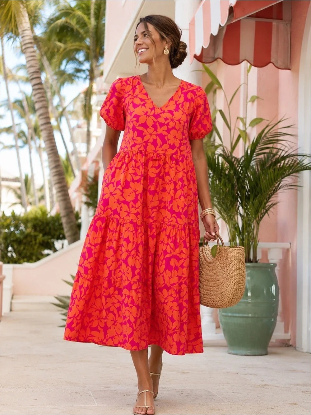 J.Crew Re-Imagined Floral Tiered Midi Dress Orange Pink V-Neck Puff Sleeve 6